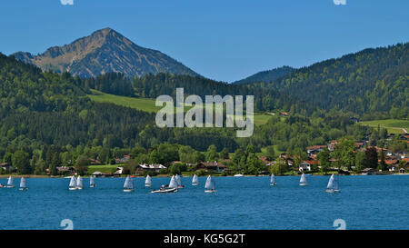 Germany, Bavaria, Tegernsee, sailboats, Bad Wiessee, seen from the ship, footpath, Fockenstein (mountain) (1564m), blue heaven, Stock Photo