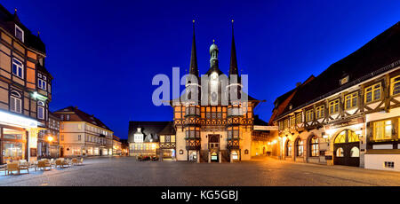 Frontal linearised night view from the town hall in Wernigerode, Saxony-Anhalt., Stock Photo