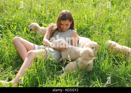 Girls with Golden retriever dog puppies in the garden Stock Photo