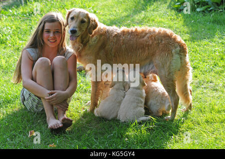 Girls with Golden retriever and dog puppies in the garden Stock Photo