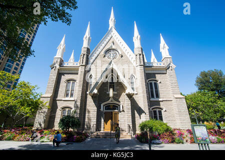 Mormon assembly hall on Temple square, Salt Lake City, Utah, USA Stock Photo