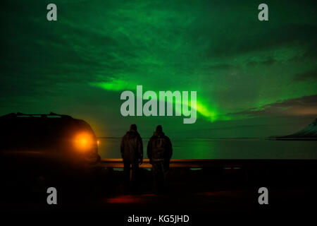 Viewing the Aurora Borealis, Snaefellsnes Peninsula, Iceland Stock Photo