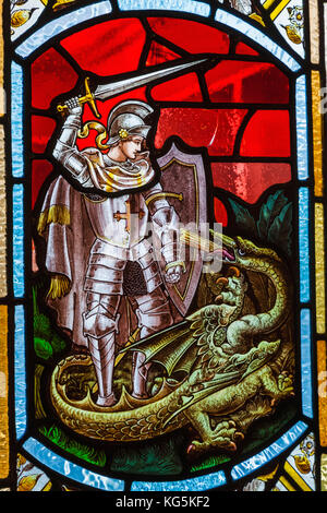 England, Dorset, Bournmouth, The Russell Coates Art Gallery and Museum, Stained Glass Window depicting Saint George and The Dragon Stock Photo