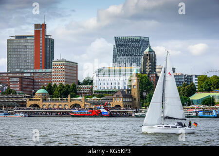Germany, Hamburg, St. Pauli, Hamburg harbor, sailboat, St. Pauli Piers Stock Photo