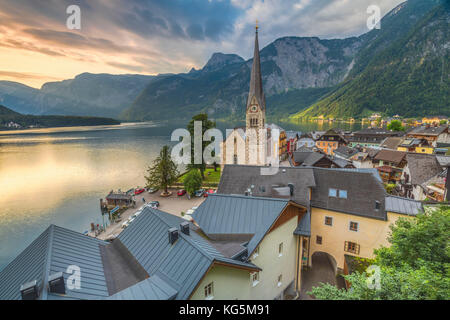 The austrian village of Hallstatt and the lake, Upper Austria, Salzkammergut region, Austria Stock Photo