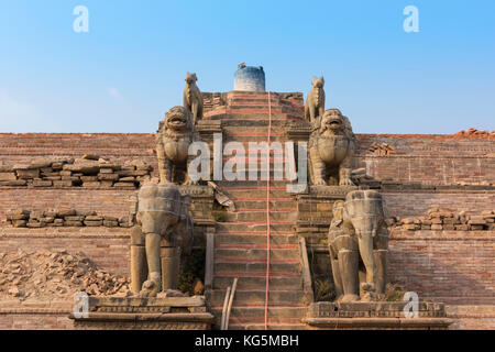 Bhaktapur, Kathmandu, Bagmati area, Nepal What remains of the entrance to a temple in Bhaktapur. Stock Photo