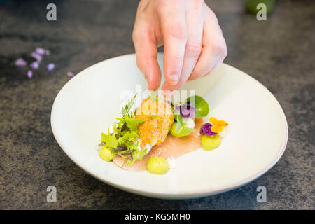 the mise en place of salmon with fried zucchini, bolzano province, south tyrol, trentino alto adige, italy Stock Photo
