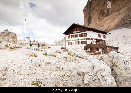 a view of the Giussani Hut, under the vertical walls of the Tofanas, Belluno province, Veneto, Italy Stock Photo