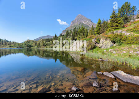 Europe, Italy, Trentino, Trento, Lagorai chain, the Colbricon lakes in summer with the mountain reflected on the water Stock Photo