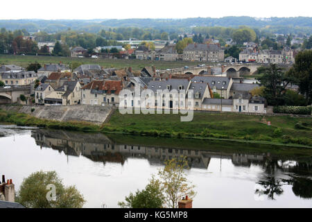 Houses reflected in the River Loire from the chateau of Amboise, France Stock Photo