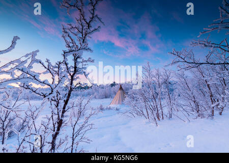 Isolated Sami tent in the snow, Abisko, Kiruna Municipality, Norrbotten County, Lapland, Sweden Stock Photo