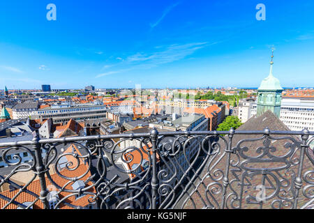Overview of the city from an iron balcony of the Round Tower (Rundetaarn), Copenhagen, Denmark Stock Photo