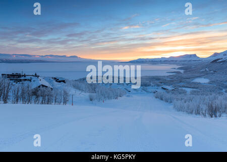 Sunrise from the ski slopes. Bjorkliden, Norbottens Ian, Sweden, Europe Stock Photo