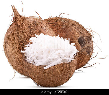 Two coconut with grated coconut in shell isolated on white background Stock Photo