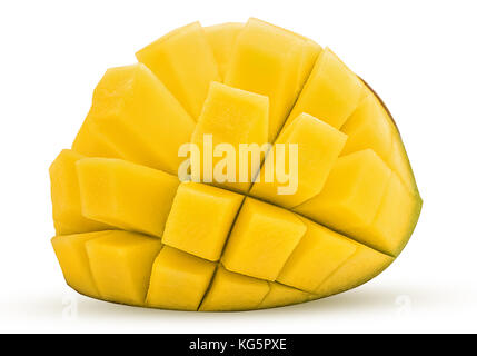 Mango exotic friut cut in half cubes isolated on white background. Clipping Path. Stock Photo