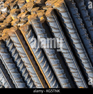 Background texture of steel rods used in construction to reinforce concrete Stock Photo