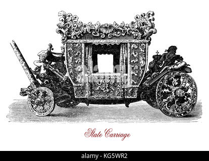 Vintage engraving of State carriage, coach owned by a state for royal use, often seen for state visits, royal weddings and other high ceremonial events Stock Photo