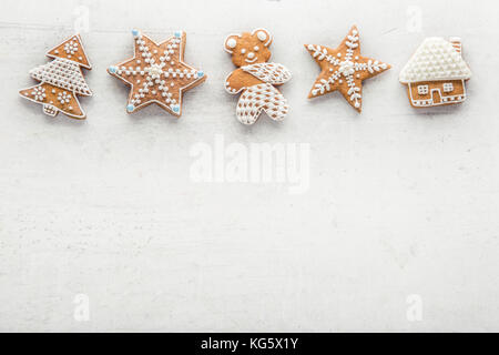 Gingerbread on white concrete background. Top of view. Stock Photo