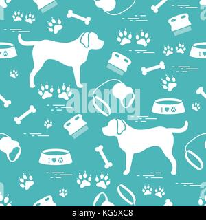 Cute seamless pattern with dog silhouette, bowl, traces, bone, brush, collar, leash. Design for poster or print. Stock Vector