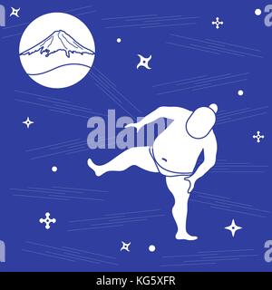 Vector illustration of sumo wrestler, shurikens and mountain Fuji. Japan theme. Stock Vector