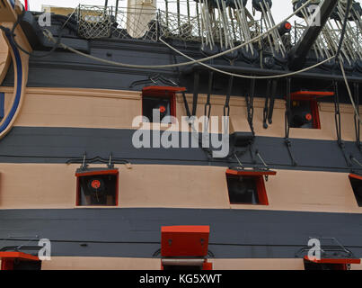 Gun Ports on HMS Victory in Portsmouth Historic Dockyard, UK Stock Photo