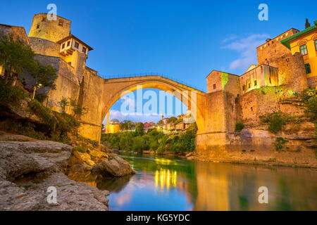 Evening view at Stari Most or Old Bridge, Neretva River, Mostar, Bosnia and Herzegovina Stock Photo