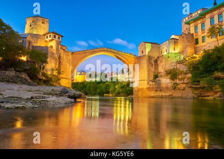 Evening view at Stari Most or Old Bridge, Neretva River, Mostar, Bosnia and Herzegovina Stock Photo