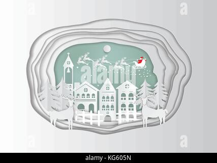 Paper art carving of winter holiday snow in town background with santa, deer and tree, vector illustration Stock Vector
