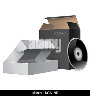 Two Package Box Opened with DVD Or CD Disk. For Software, electronic device and other products. Vector illustration Stock Vector