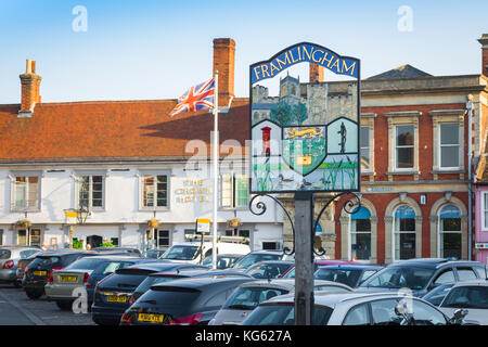 Framlingham Suffolk UK, view of the village sign on Market Hill in the centre of Framlingham, Suffolk, England, UK. Stock Photo