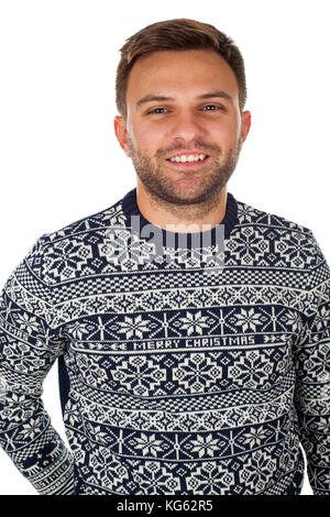 Portrait of a confident man wearing a christmas sweater on isolated background Stock Photo
