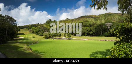 The Seychelles, Praslin, Anse Kerlan, Constance Lemuria Resort, golf course, panoramic Stock Photo