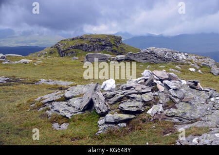 The Summit Pile of Stones on the Scottish Mountain Corbett Creag Mac Ranaich, Scottish Highlands. Stock Photo