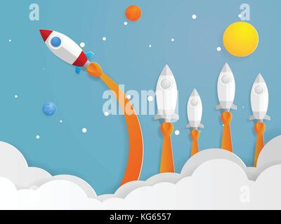 illustration of think different concept, red rocket flying new direction from other rocket vector paper art business concept Stock Vector