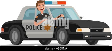 Happy policeman goes on police car with flashing lights. Cartoon vector illustration Stock Vector