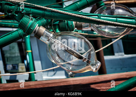 Close Up Light Bulbs On Squid Fishing Boat Copy Space Stock Photo