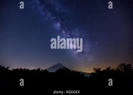 The Milky Way over Mt Fuji in Japan with the big city glow on a clear summer night Stock Photo