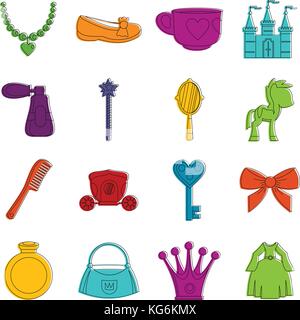 Doll princess items icons doodle set Stock Vector