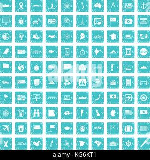 100 cartography icons set grunge blue Stock Vector