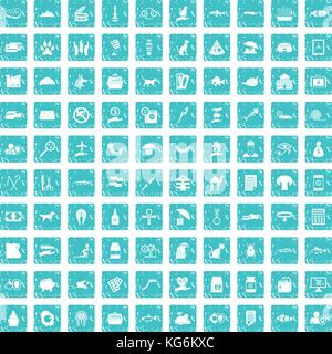 100 cat icons set grunge blue Stock Vector