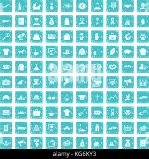 100 charity icons set grunge blue Stock Vector