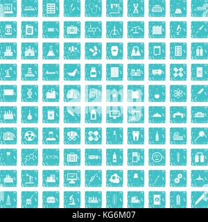 100 chemical industry icons set grunge blue Stock Vector