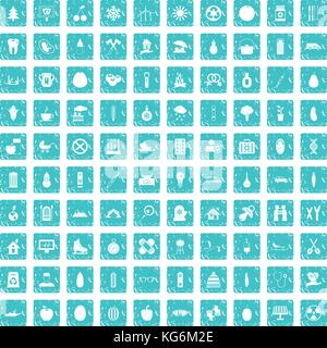 100 child health icons set grunge blue Stock Vector