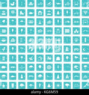 100 childrens park icons set grunge blue Stock Vector