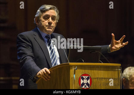 Former prime minister Gordon Brown speaking at a conference assessing how China's initiative to stimulate economic growth could impact Scotland and the UK at the University of Edinburgh's McEwan Hall in Edinburgh, Scotland.  Featuring: Gordon Brown Where: Edinburgh, United Kingdom When: 04 Oct 2017 Credit: WENN Stock Photo