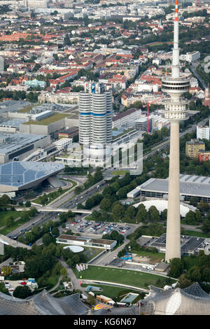 aerial view of Olympic Park (Olympiapark München) and BMW headquarters and BMW World (Welt), Munich, Bavaria, Germany Stock Photo