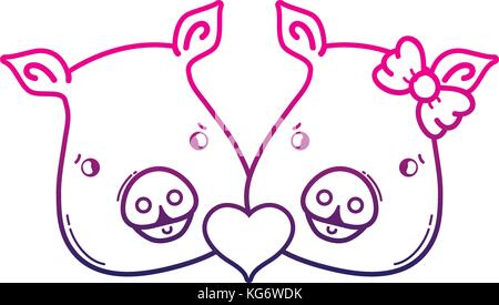 line cute pig couple animal lover vector illustration Stock Vector