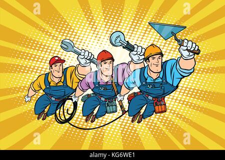 Set electrician Builder and repairer professionals. Comic book cartoon pop art retro vector illustration drawing Stock Vector