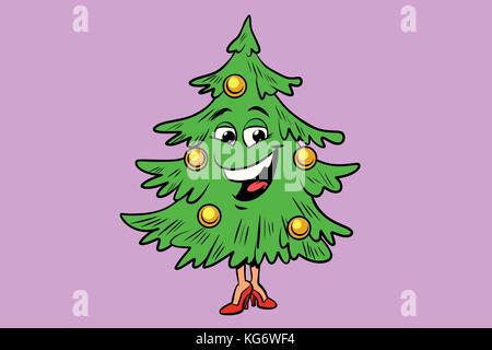Christmas tree cute smiley face character. Comic book cartoon pop art illustration retro vector Stock Vector