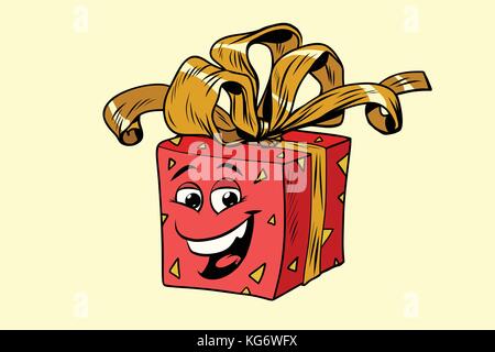 red gift box cute smiley face character. Comic book cartoon pop art illustration retro vector Stock Vector